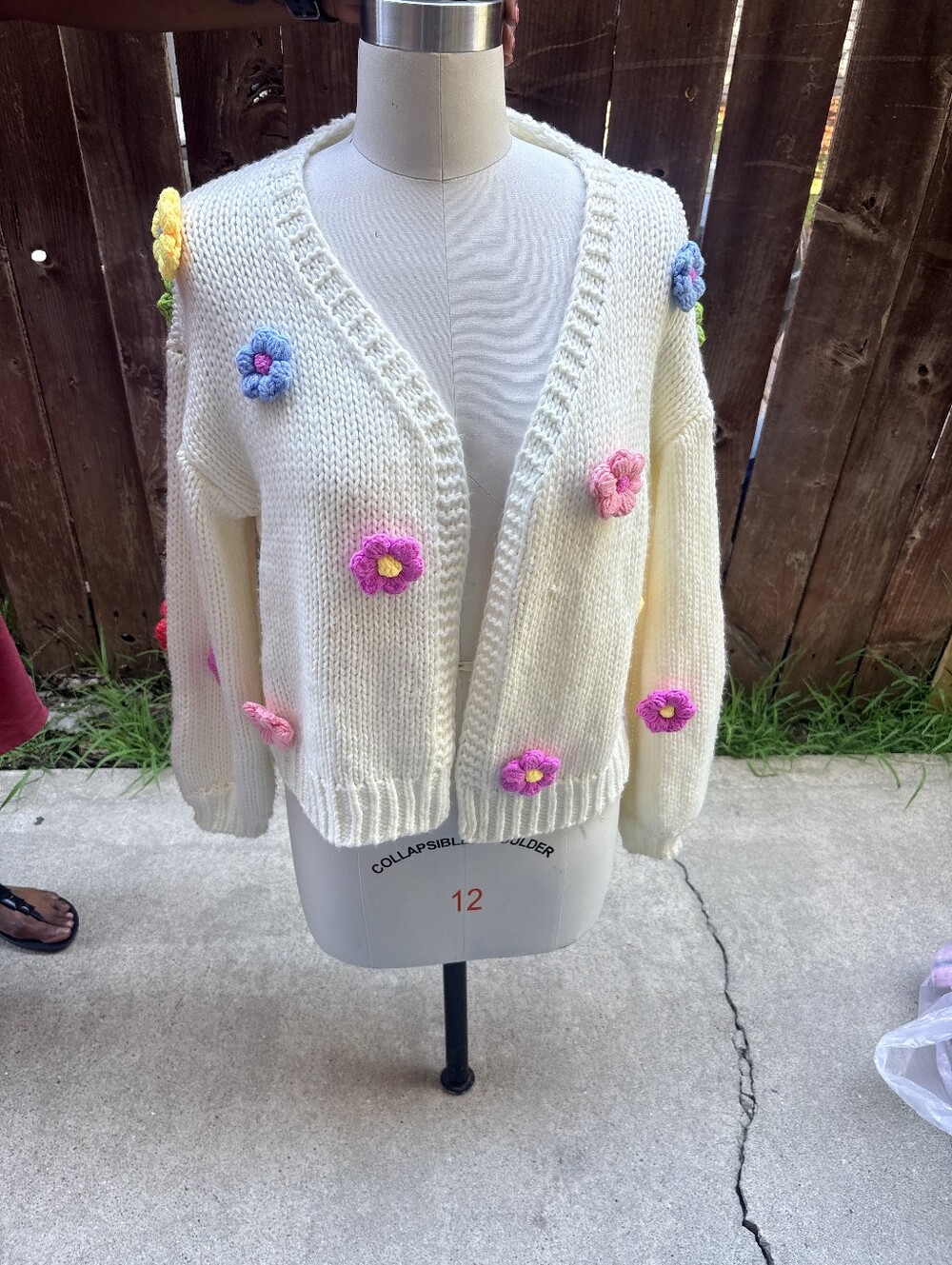 Cream Floral Appliqué Knit Cardigan Sweater